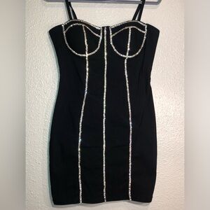 Haute Monte Size Medium Dress Above Knee MIDI Bodycon.16” X 25” Black/ Diamonds